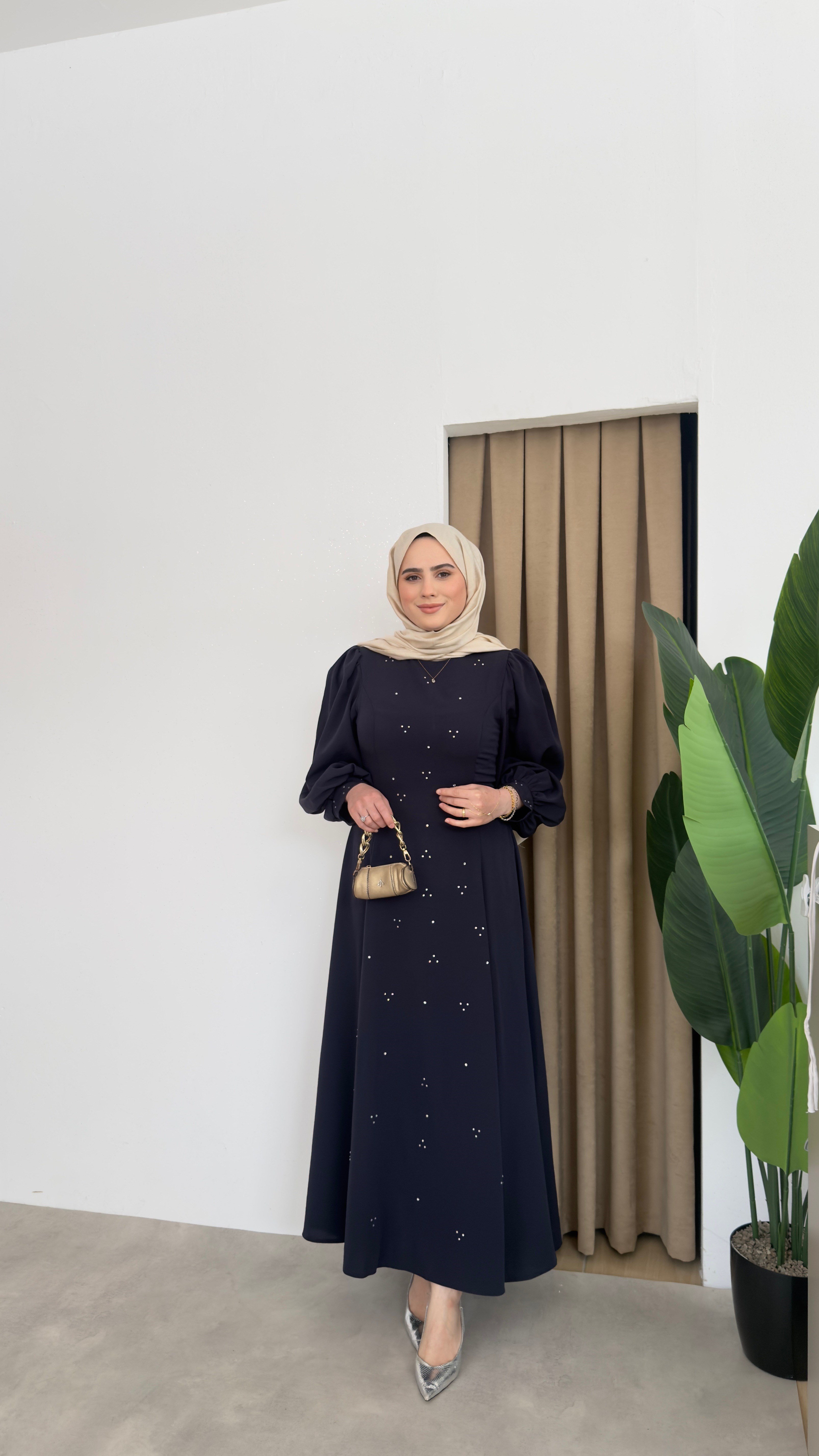 Bel Detaylı Taşlı Abaya -Lacivert