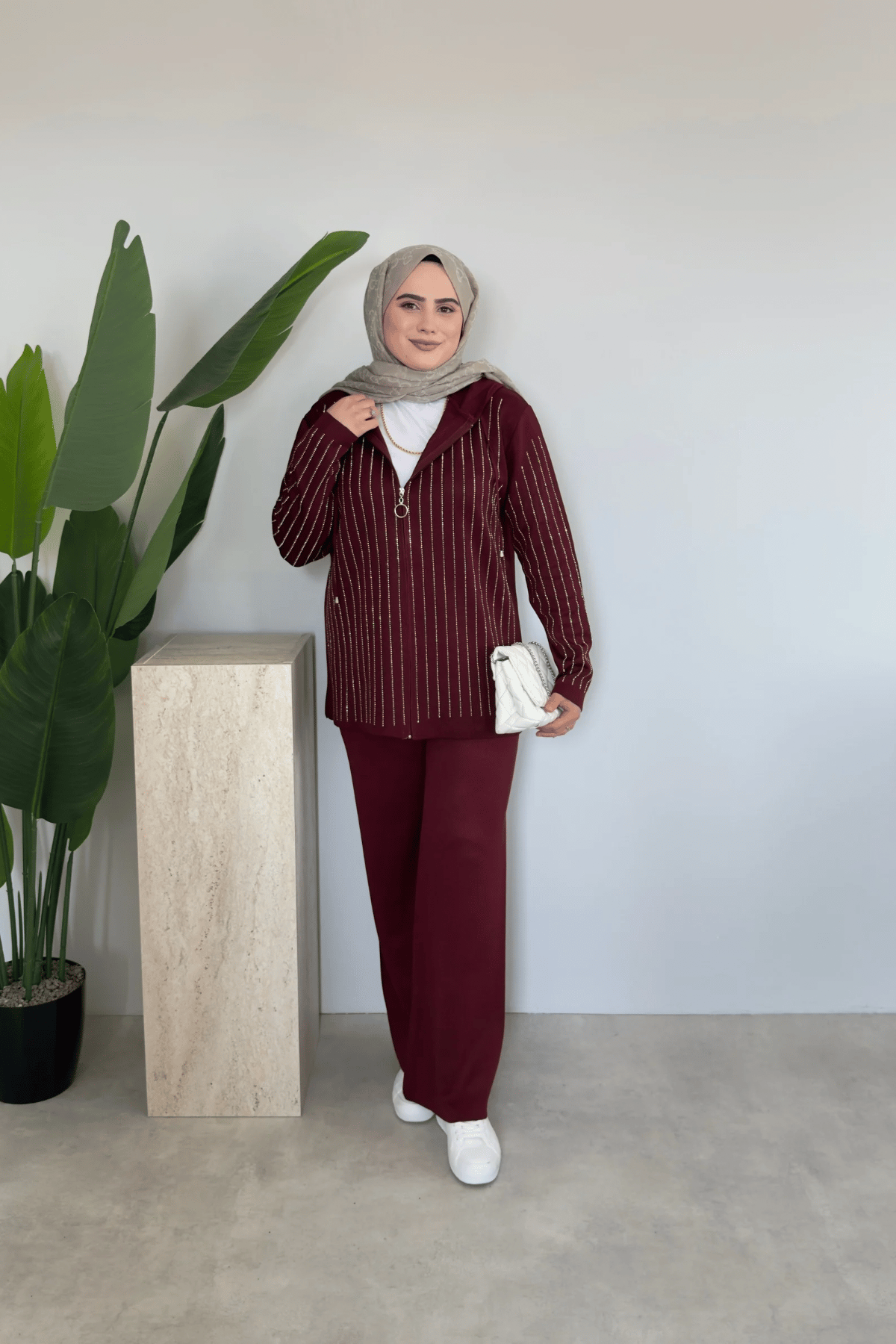 Kapüşonlu Taşlı Triko Takım | Bordo