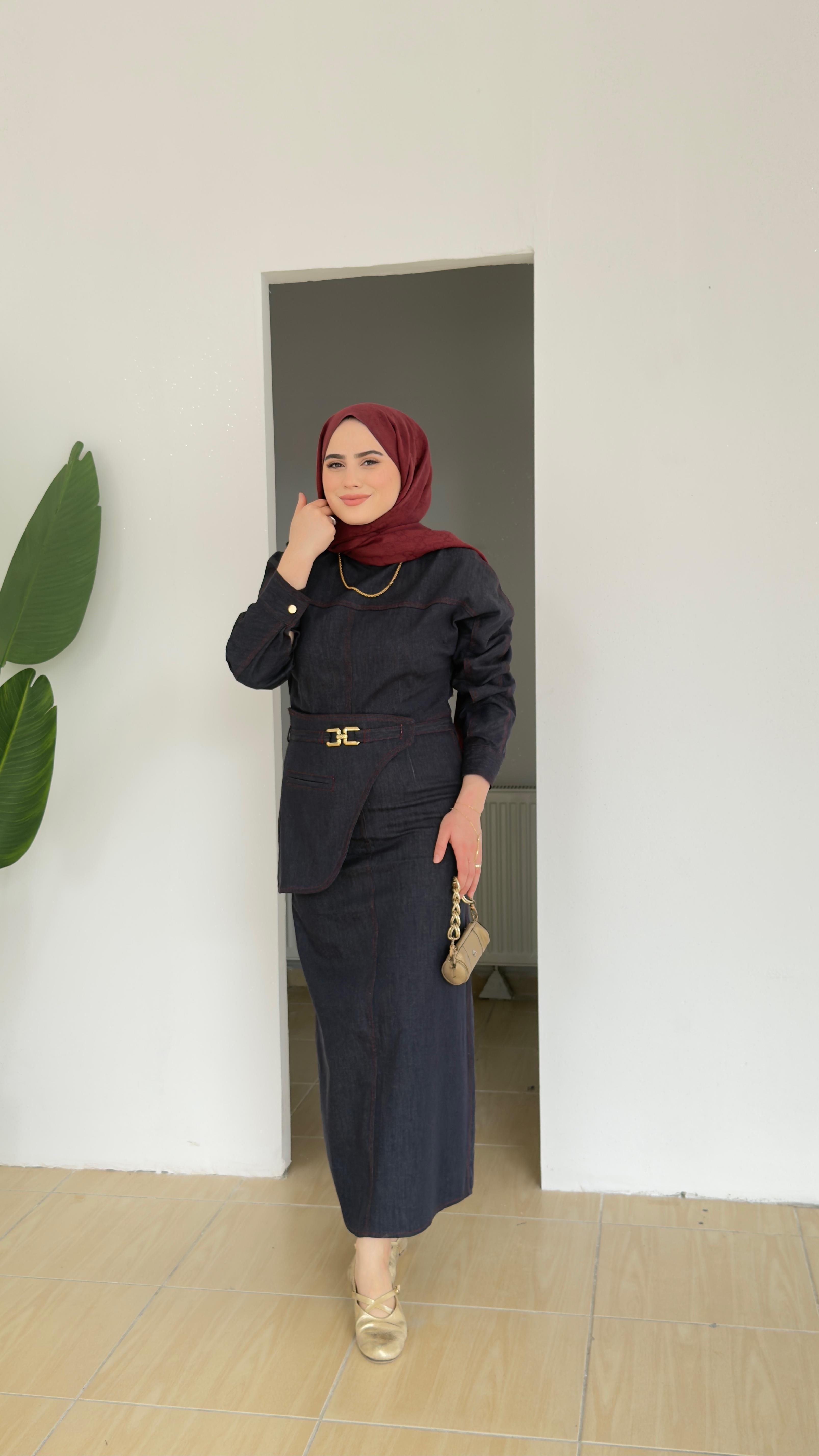 Kemer Detaylı Denim Elbise | Lacivert