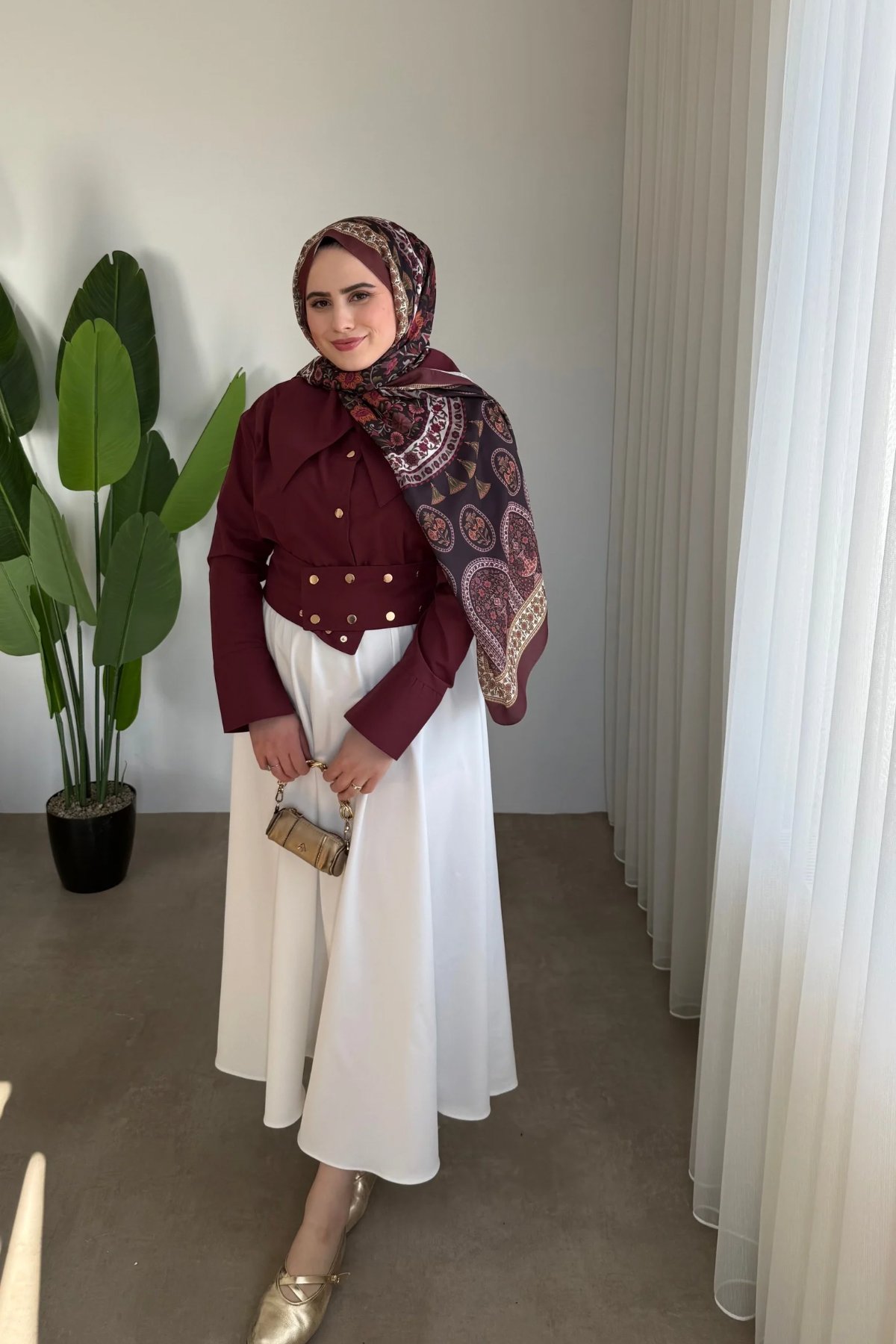 Liza Gold Düğmeli Gömlek | Bordo