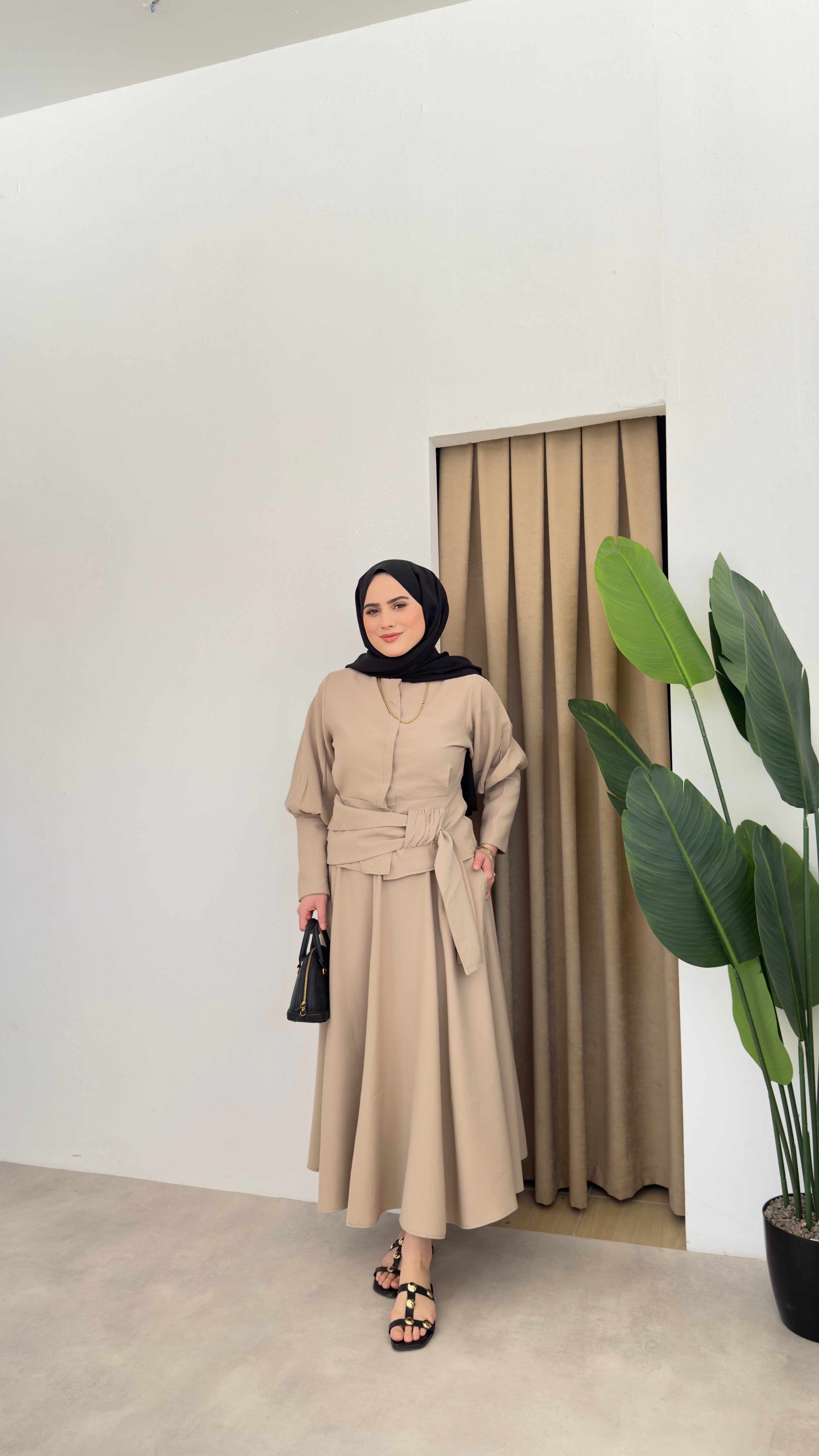 Mira Kuşak Detaylı Etekli Takım - Taş