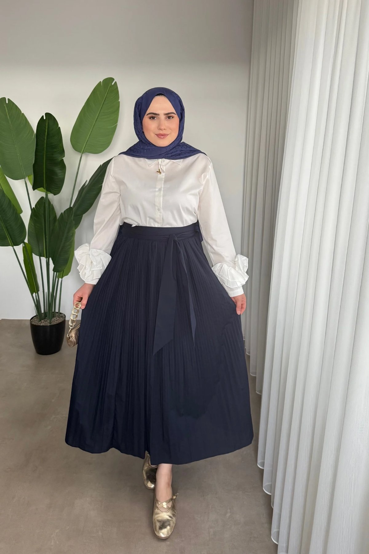 Piliseli Poplin Etek | Lacivert