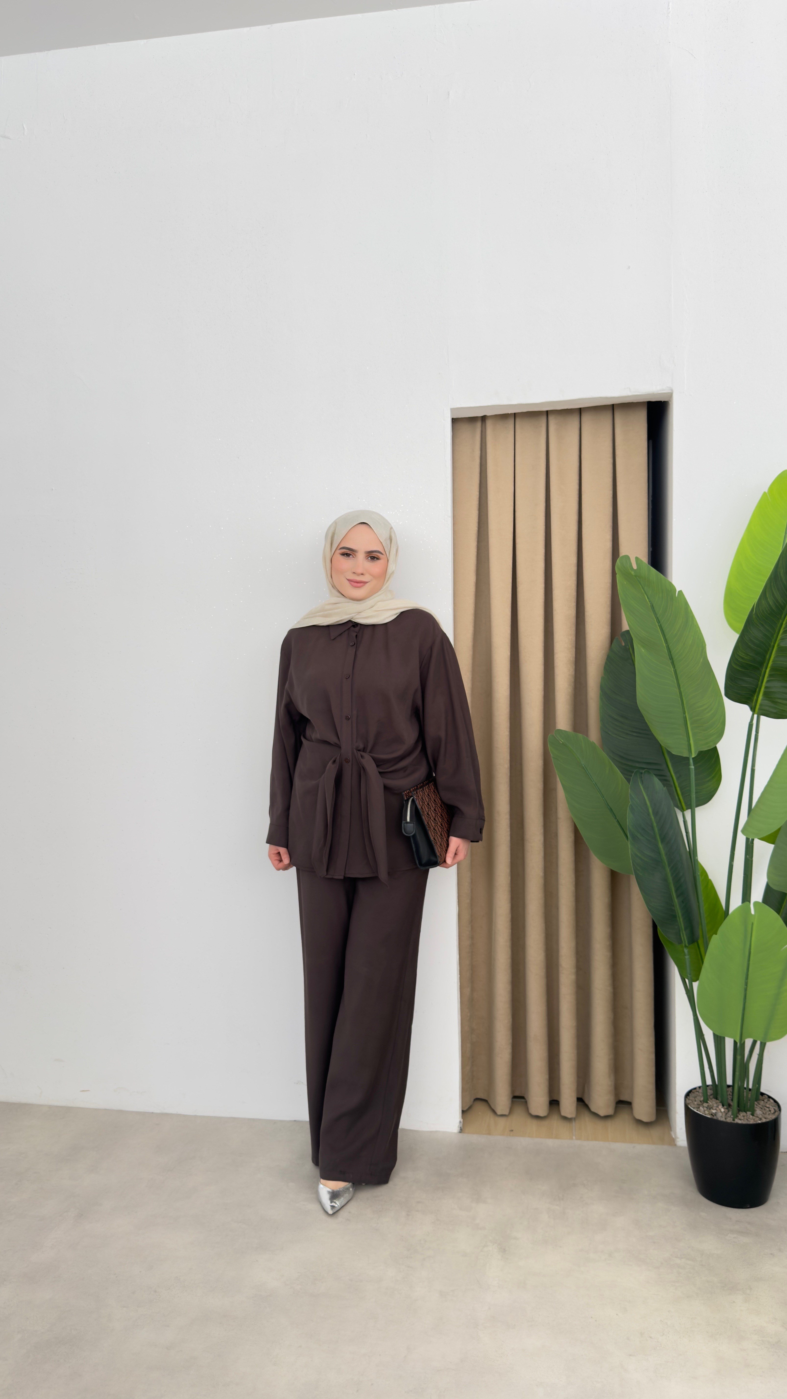 Rose Kuşak Detaylı Modal Takım - Kahve