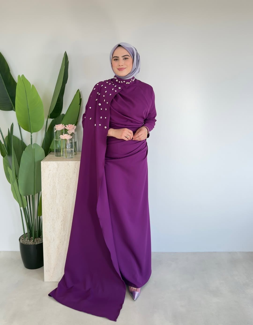 Sedef Premium Taşlı Elbise - Mürdüm