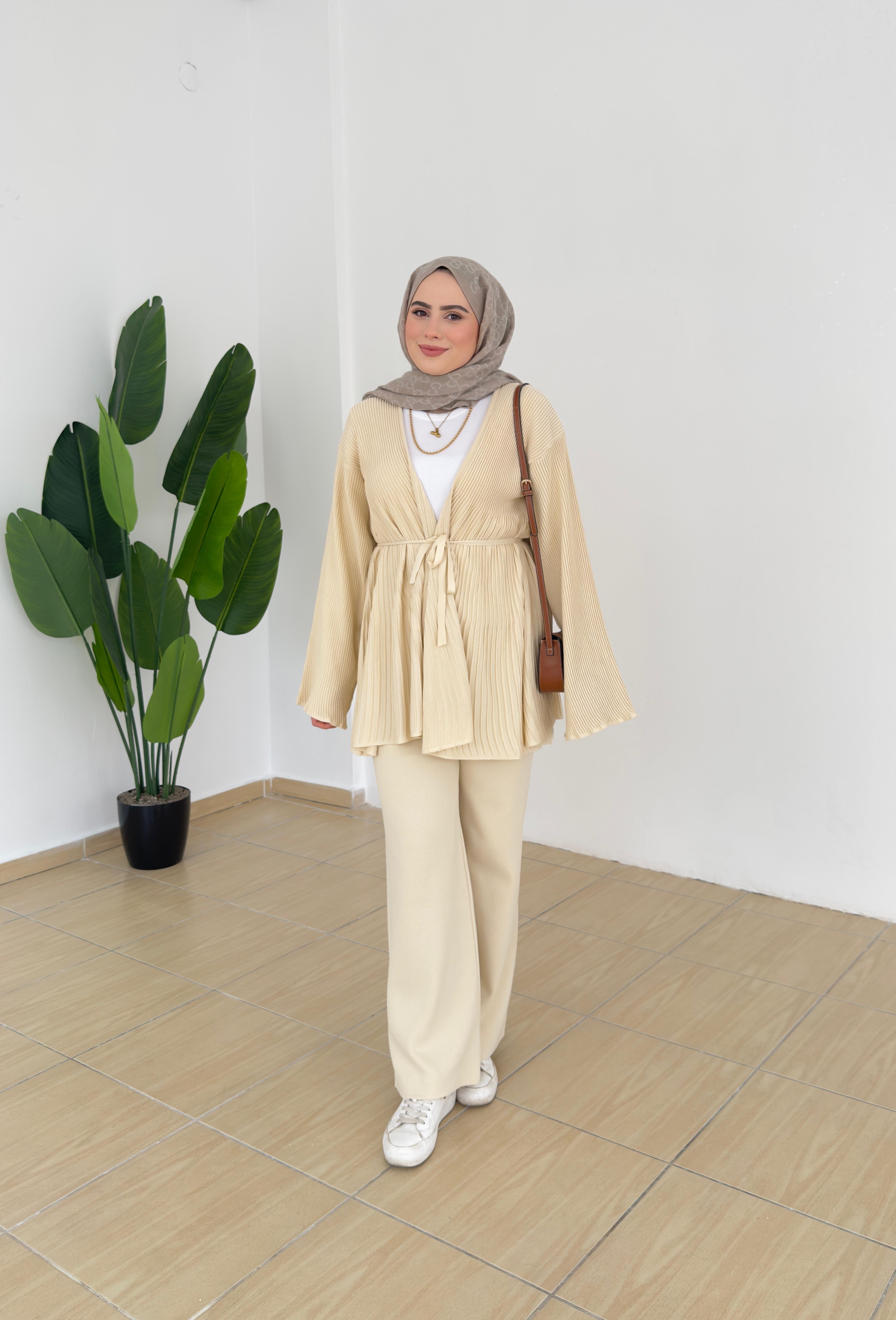 Triko Kimono Takım - Krem