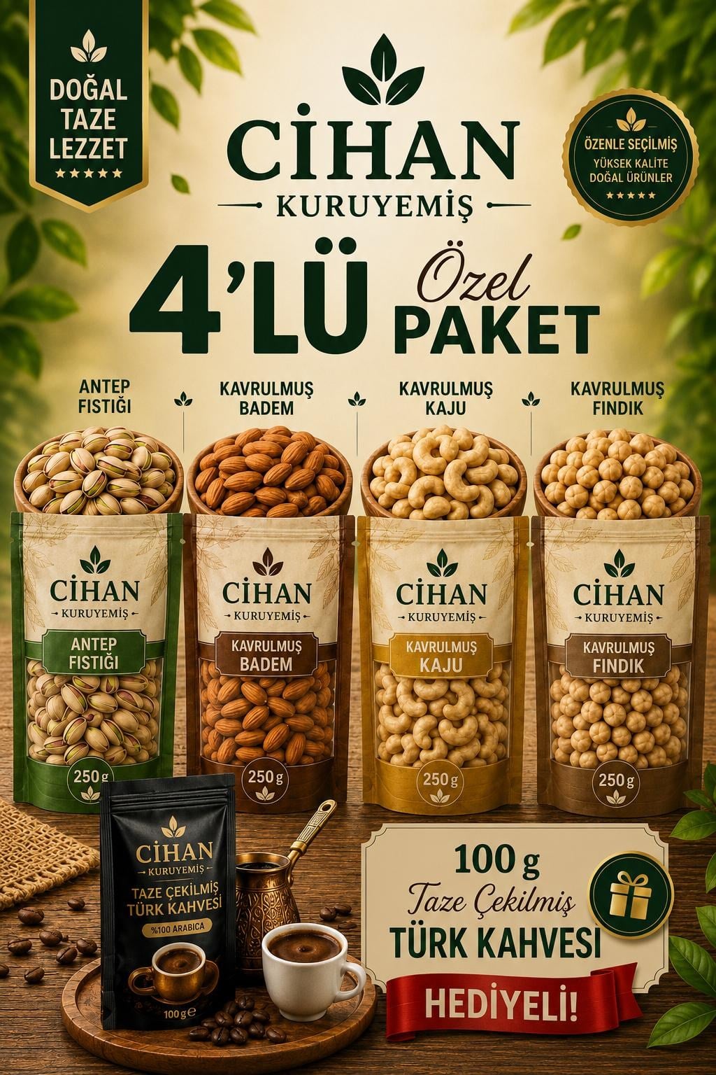250gr. Antep Fıstığı 250gr. Kavrulmuş Badem  250gr. Kavrulmuş Kaju 250gr. Kavrulmuş Fındık İçi 4'lü Set 