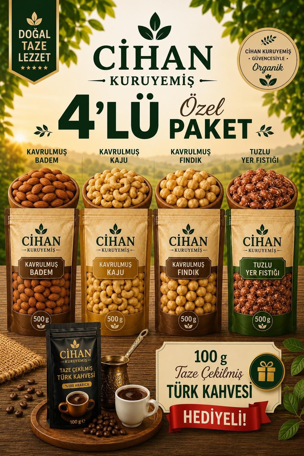 500gr. Kavrulmuş Badem  500gr. Kavrulmuş Kaju 500gr. Kavrulmuş Fındık İçi 500gr. Tuzlu Fıstık 4'lü Set 