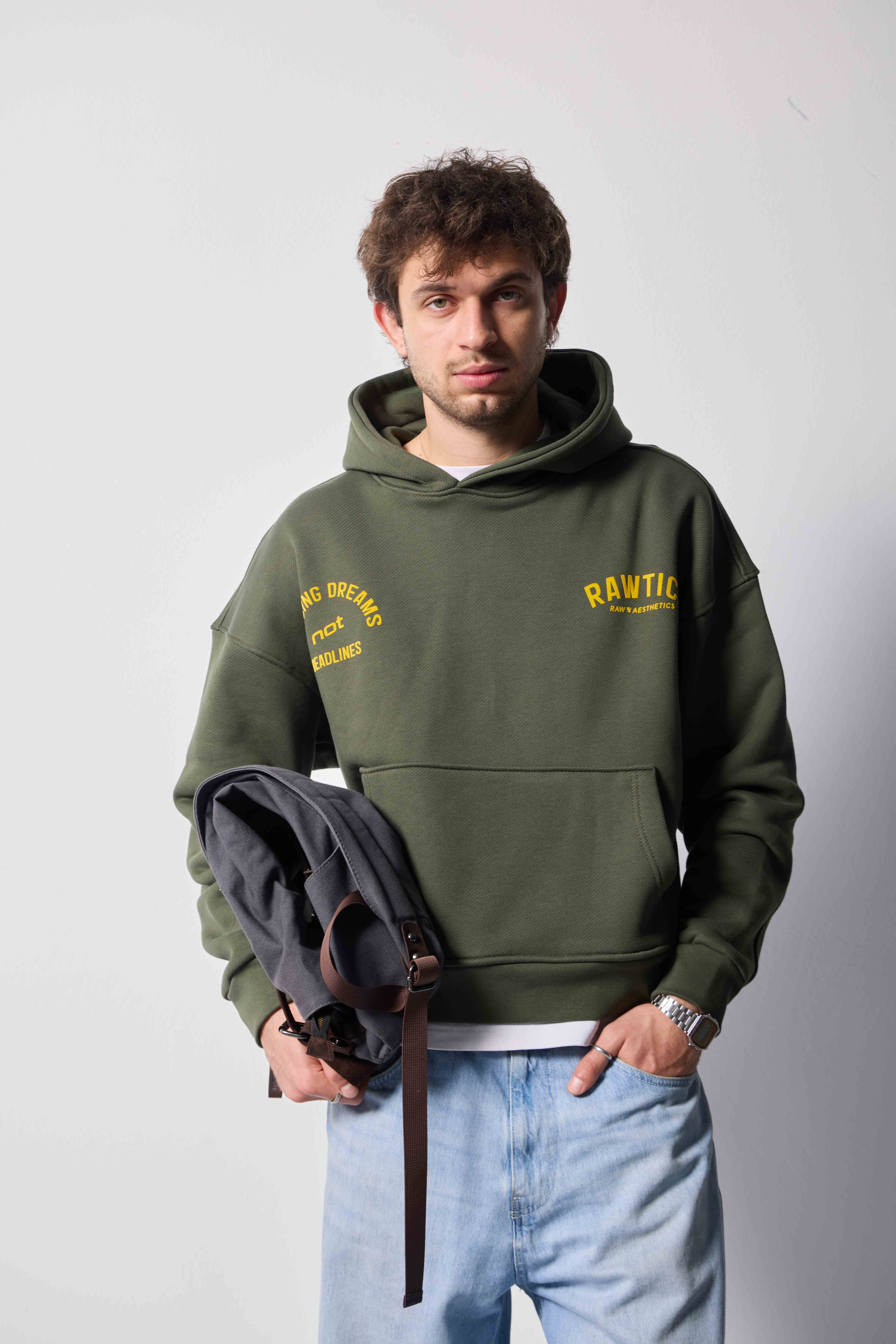 %100 PAMUKLU DİYAGONAL HAKİ CROPPED FIT HOODIE