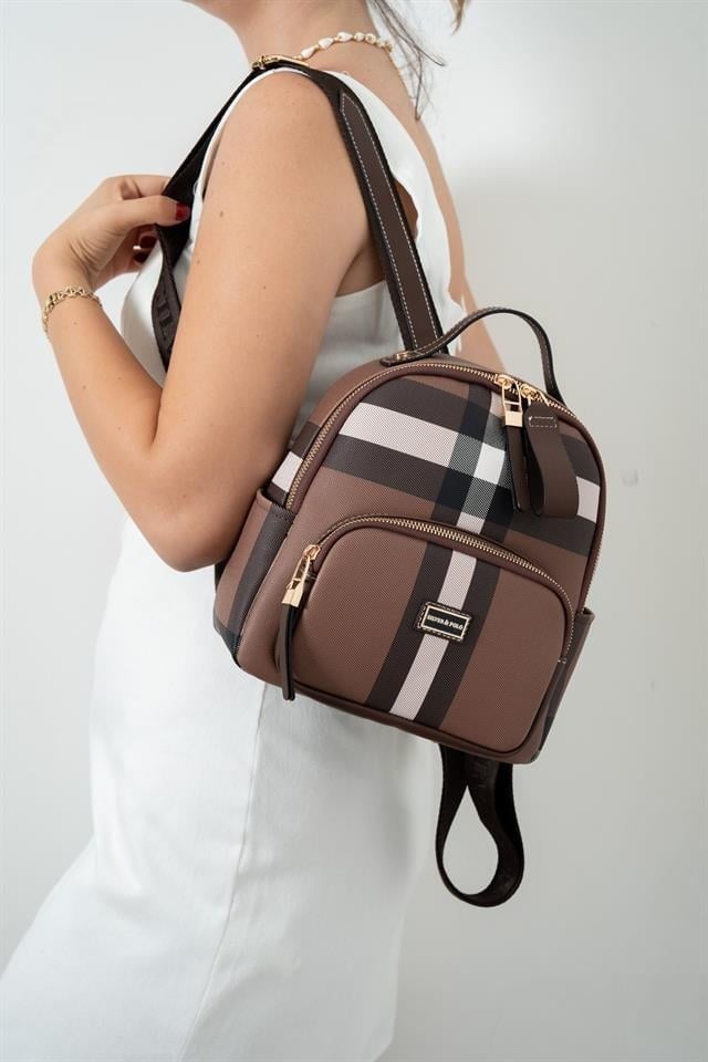 Silver & Polo SP1130 Kadın Sırt Çantası Ekose Koyu Kahve-Kahve