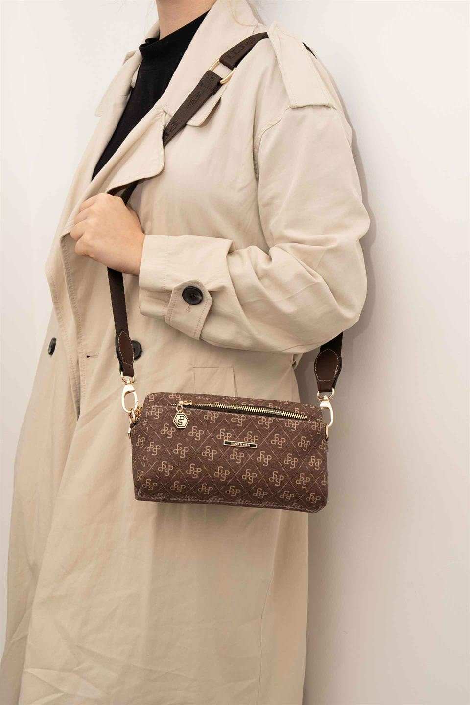 Silver & Polo SP1142 Kadın Çapraz Çanta Monogram Kahve
