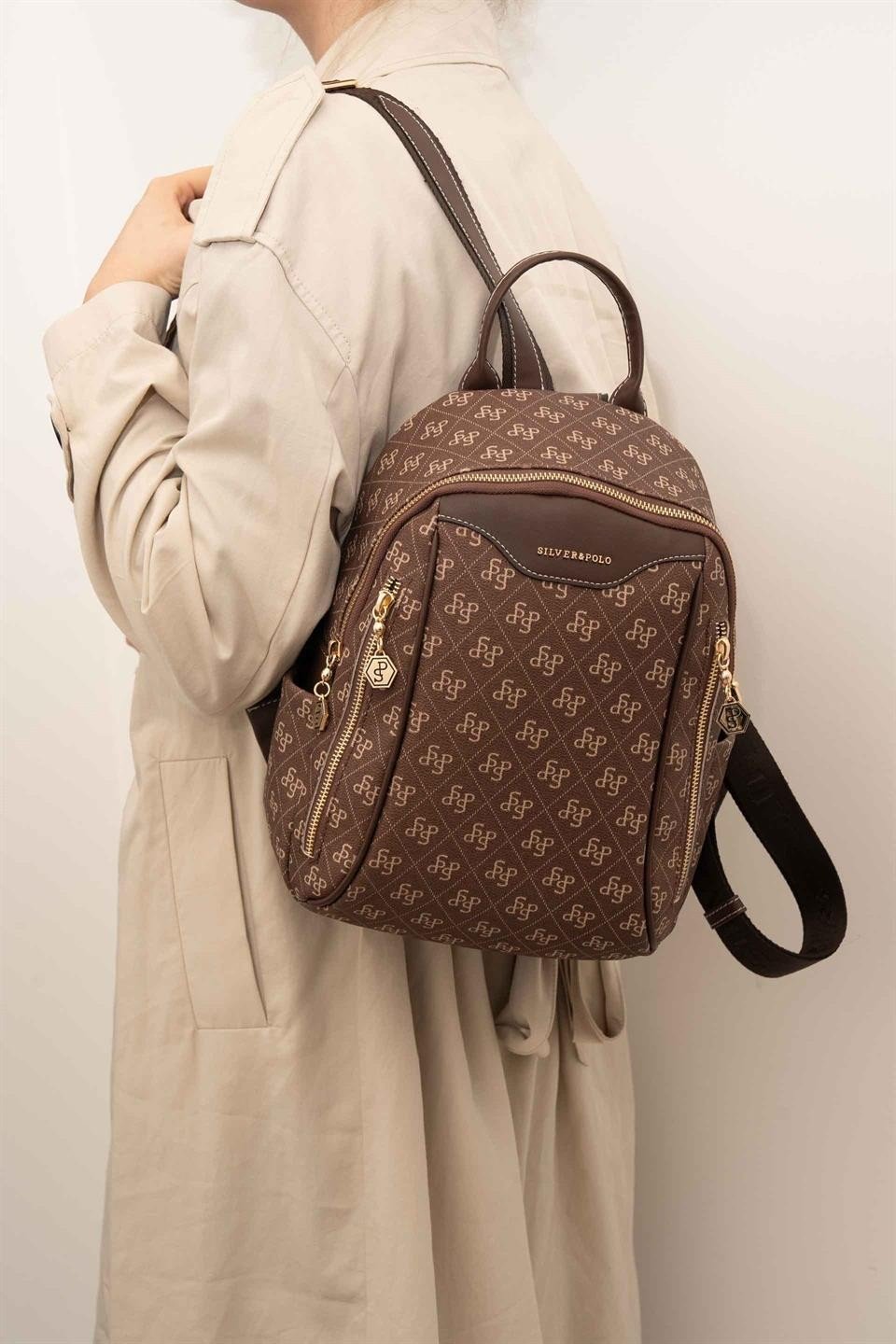 Silver & Polo SP906 Kadın Sırt Çantası Monogram Kahve
