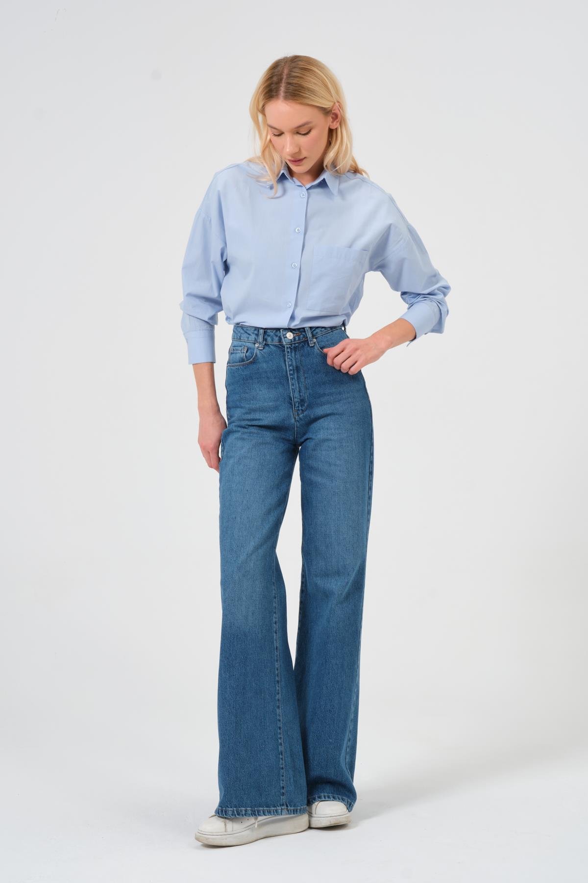 Yüksek Bel Wide Leg Kadın Jean Mavi