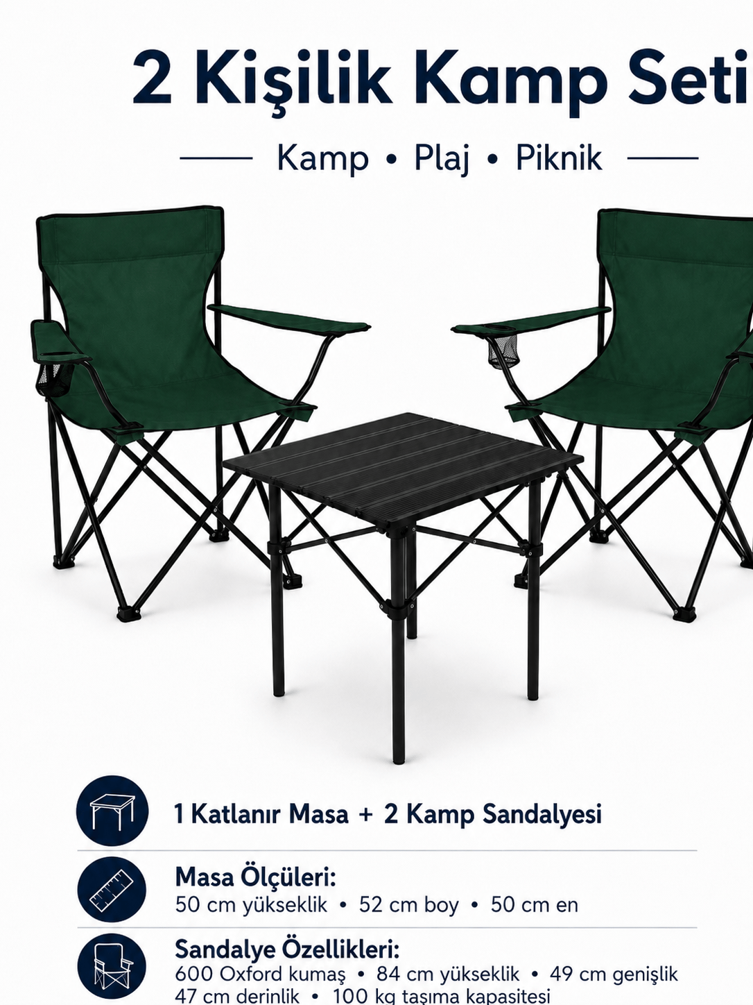 2 Sandalyeli Katlanır Kamp Seti 52 cm Masa ve Sandalye