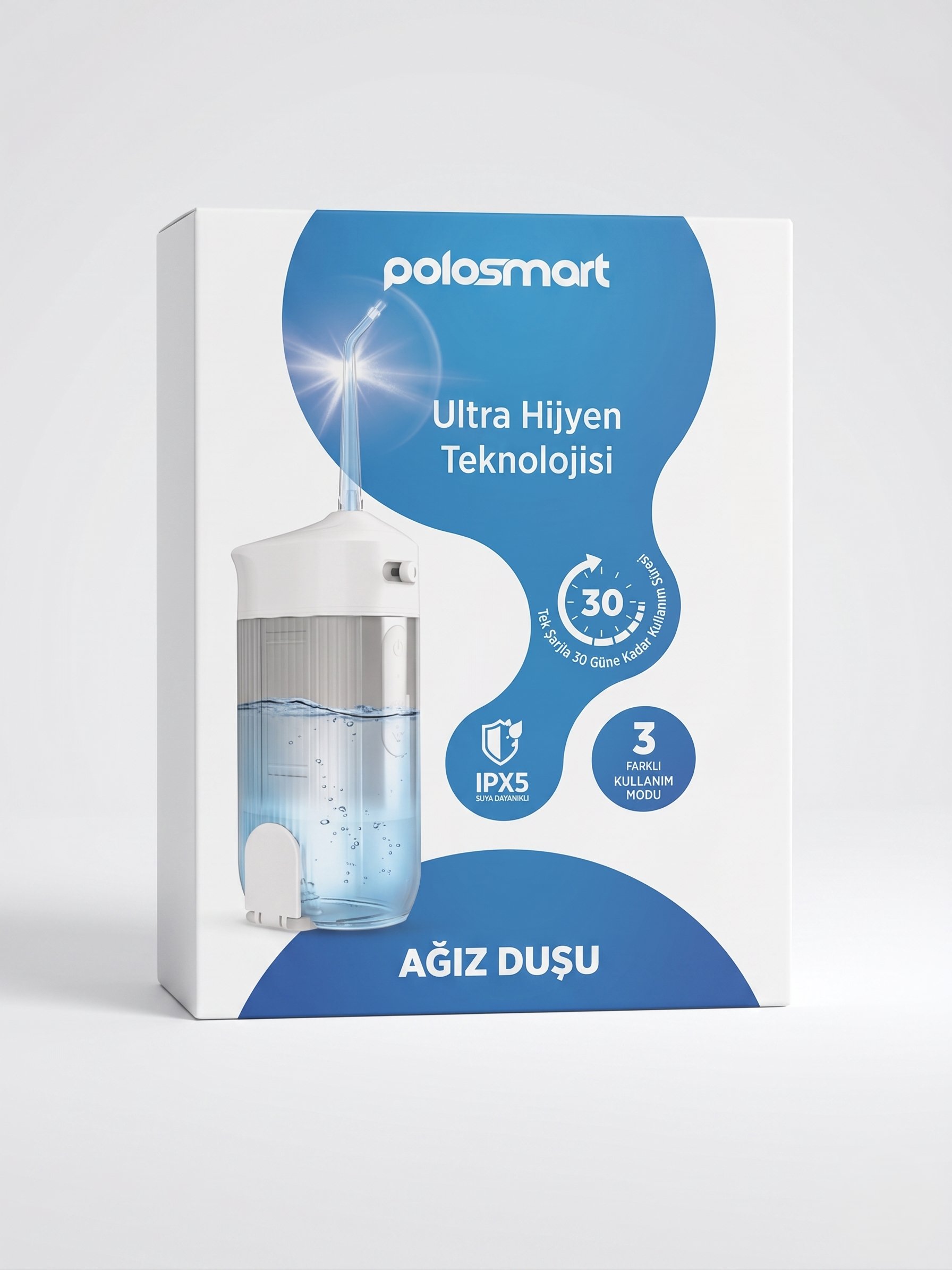 Polosmart PBS821 Şarjlı Ağız Duşu – 3 Modlu, 4 Başlıklı, IPX5 Suya Dayanıklı Mavi