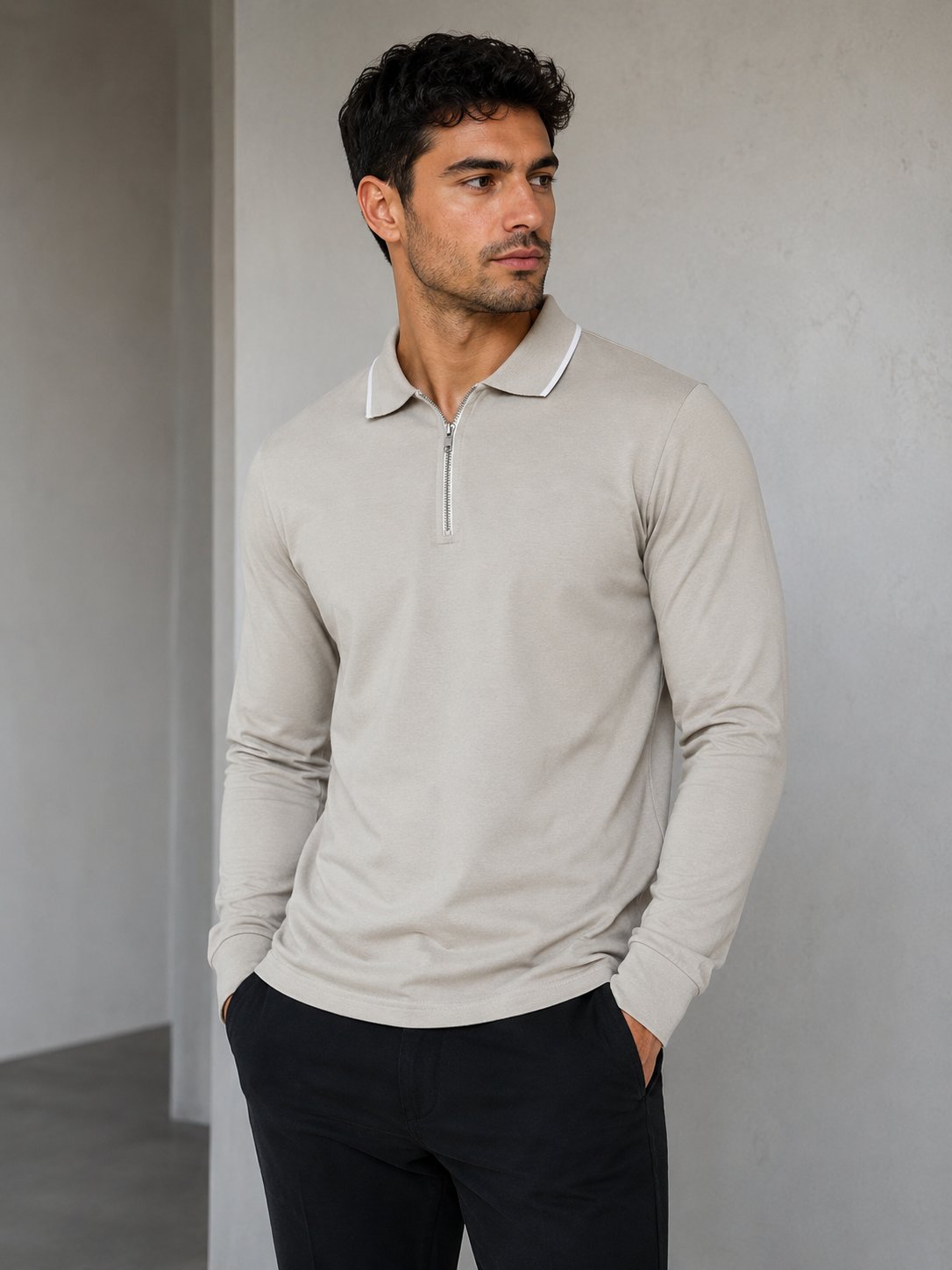 Bej Erkek Yarım Fermuarlı Polo Yaka Şardonlu Oysho Sweatshirt
