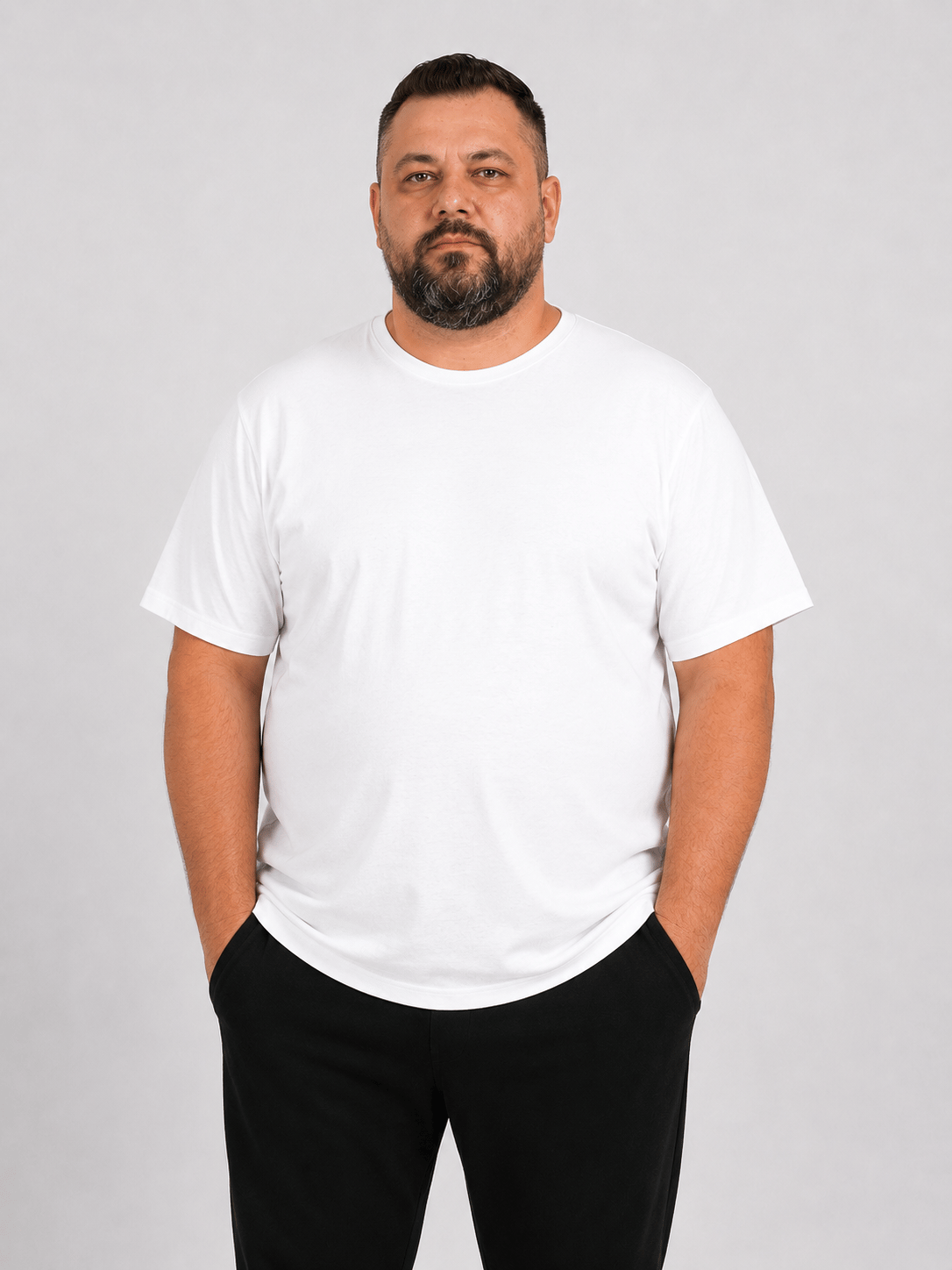 Beyaz Erkek Büyük Beden Pamuklu Likralı Bisiklet Yaka T-Shirt