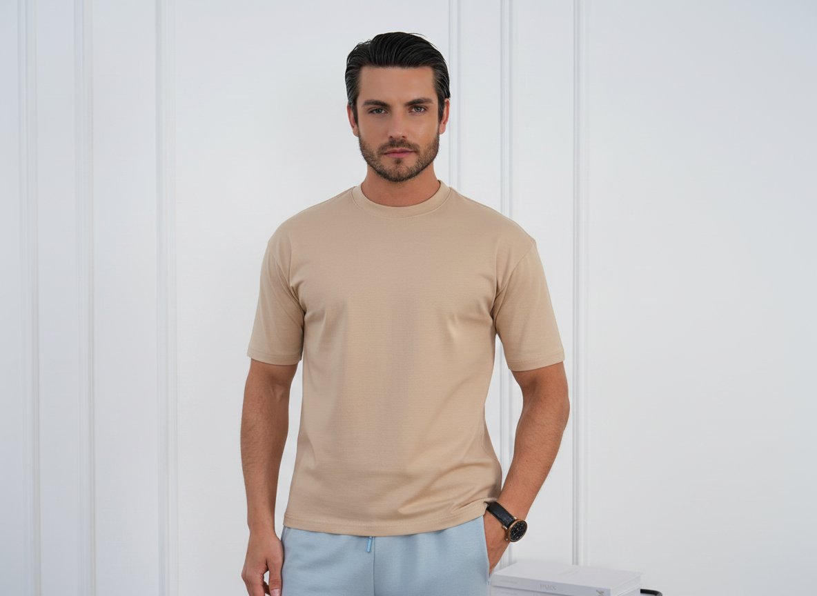 Bisiklet Yaka Bej Regular Fit %100 Pamuklu Erkek Tişört 