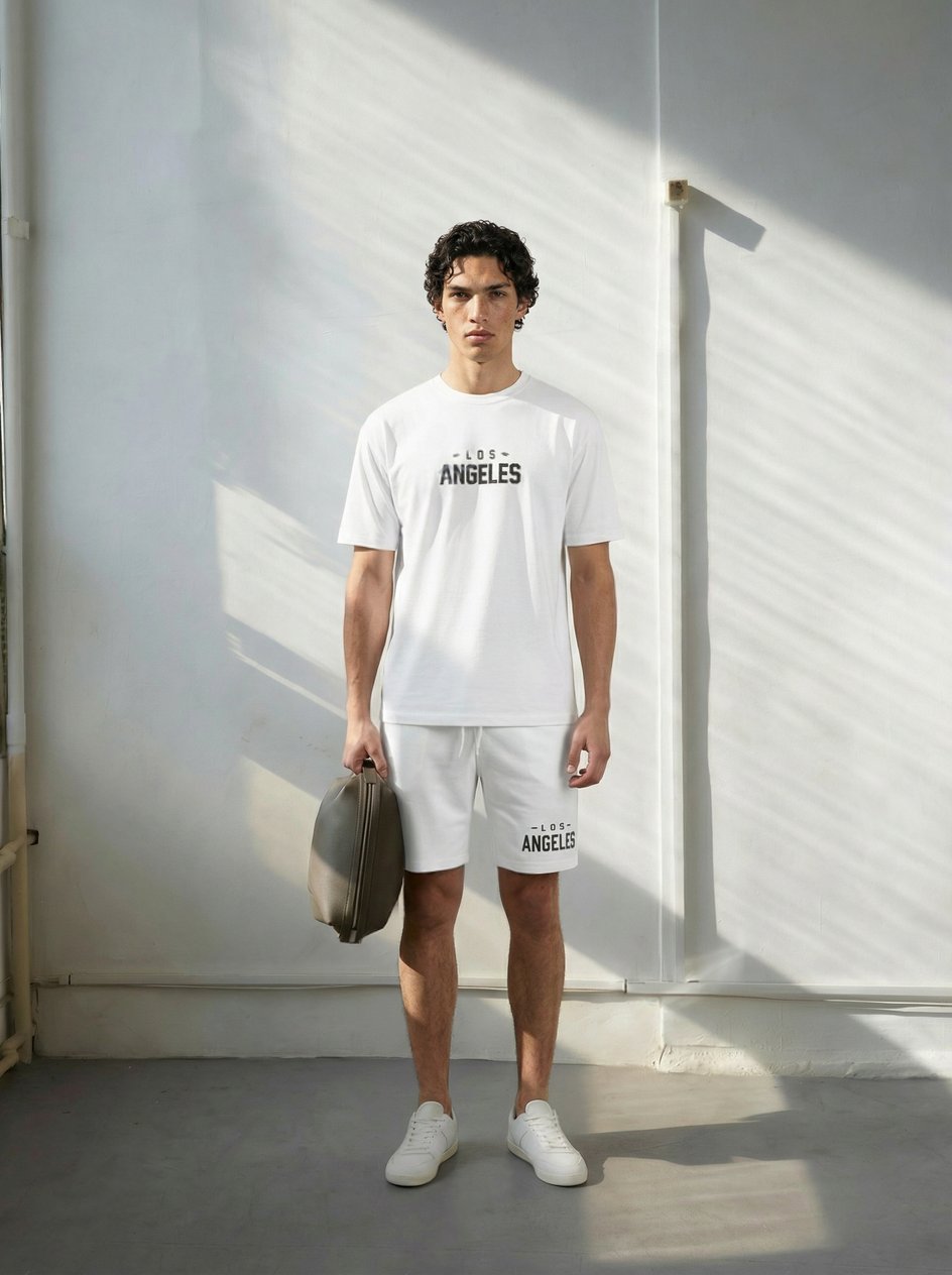 Erkek Baskılı T-shirt Şort Alt Üst Takım Beyaz