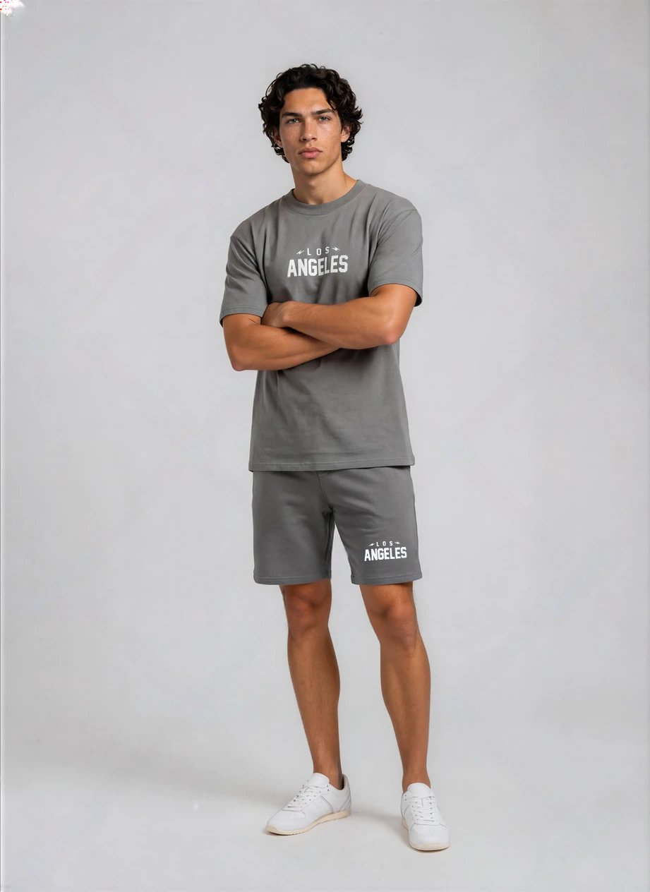 Erkek Baskılı T-shirt Şort Alt Üst Takım Füme