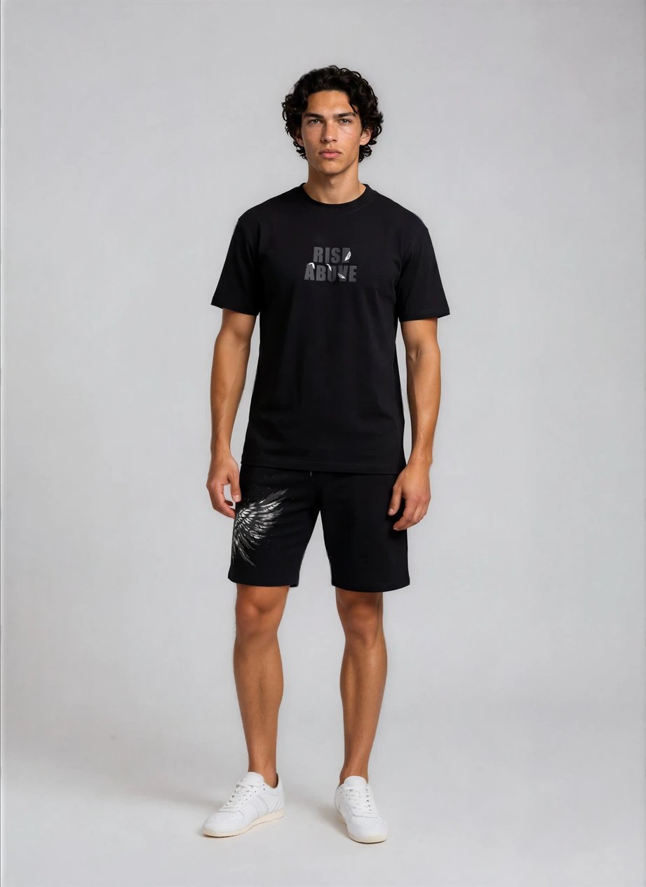 Erkek Baskılı T-shirt Şort Alt Üst Takım Siyah