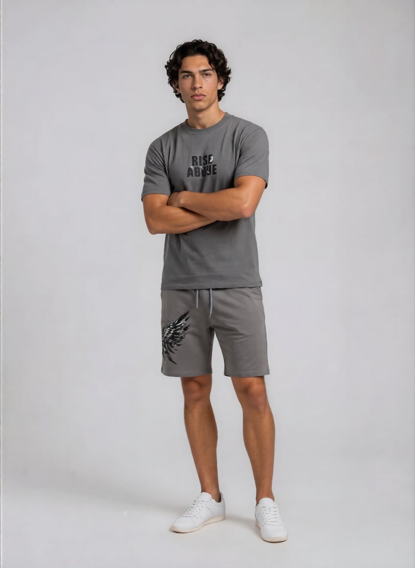 Erkek Baskılı T-shirt Şort Alt Üst Takım Füme