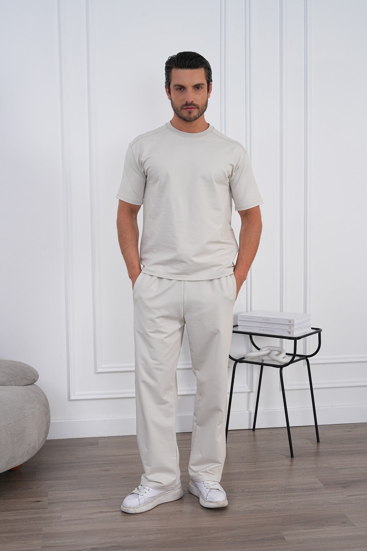 Erkek Yazlık Bej Eşofman Takımı Oversize Tişört Lastikli Bağcıklı Baggy Pantolon