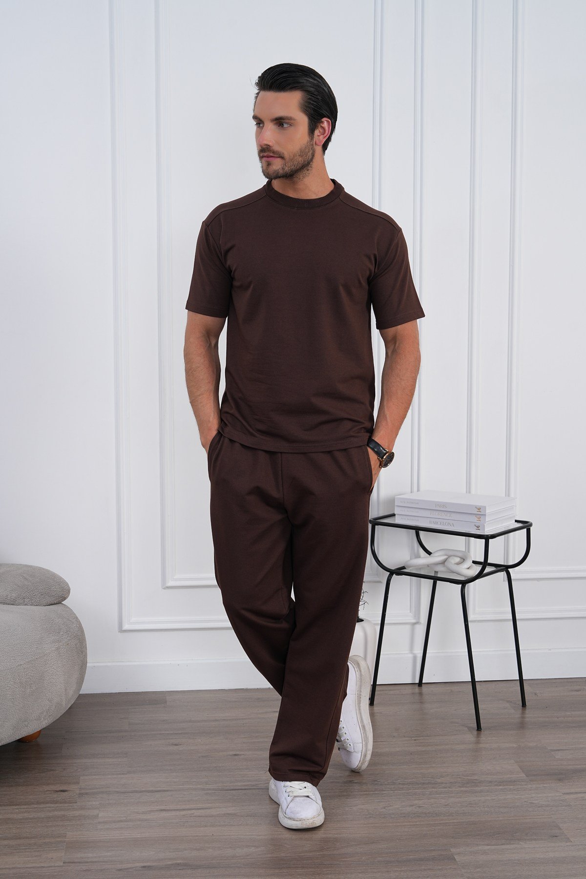 Erkek Yazlık Kahverengi Eşofman Takımı Oversize Tişört Lastikli Bağcıklı Baggy Pantolon