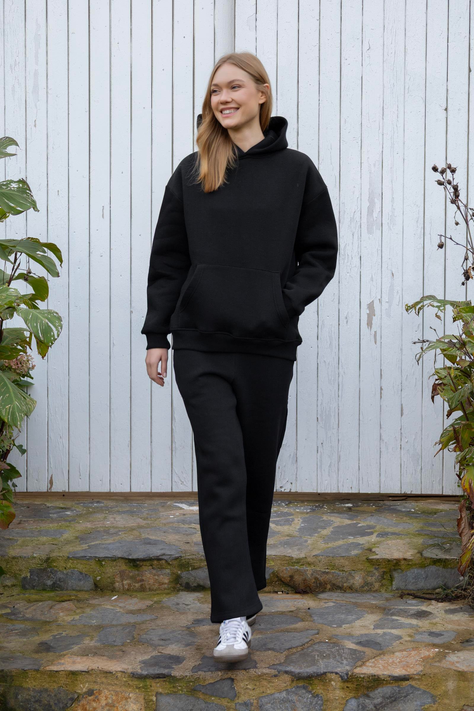 Kapüşonlu İçi Polarlı Unisex Oversize Eşofman Takımı - G09001 - Siyah