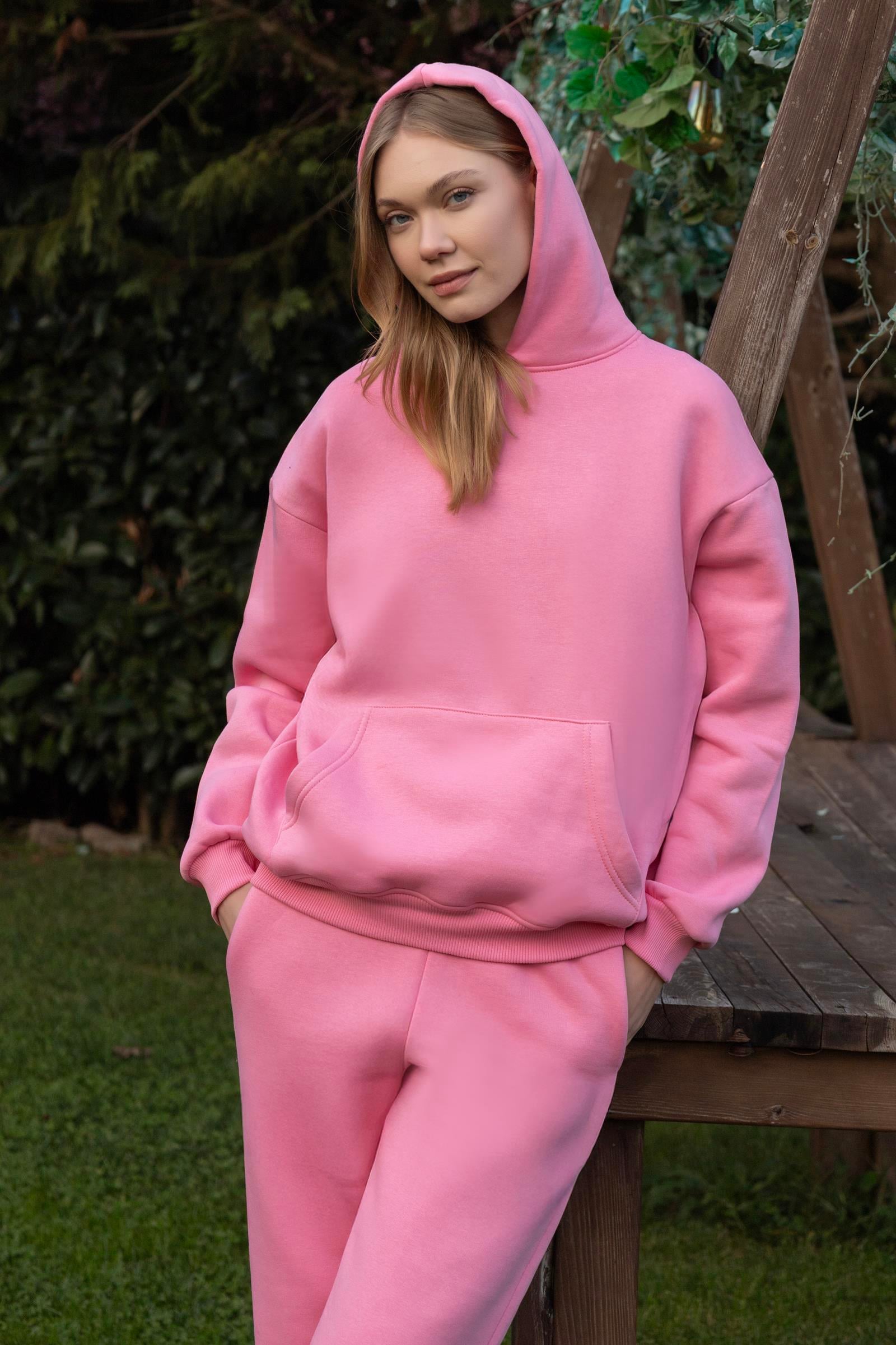 Kapüşonlu İçi Polarlı Unisex Oversize Eşofman Takımı - G09001 - Pembe