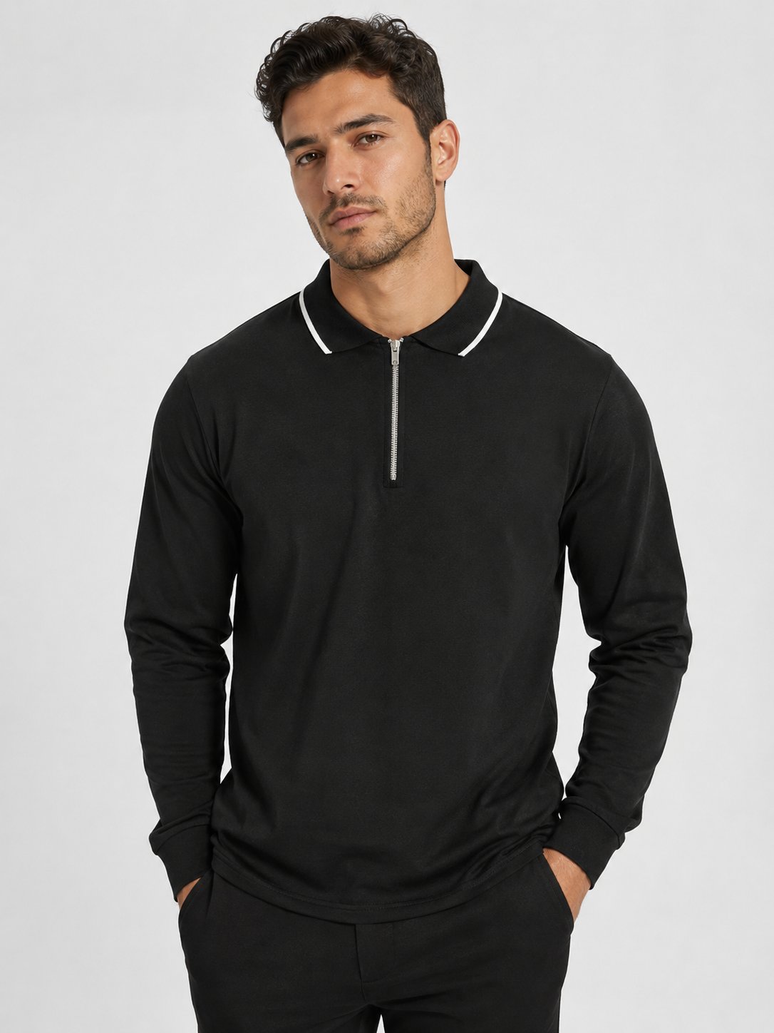 Siyah Erkek Yarım Fermuarlı Polo Yaka Şardonlu Oysho Sweatshirt