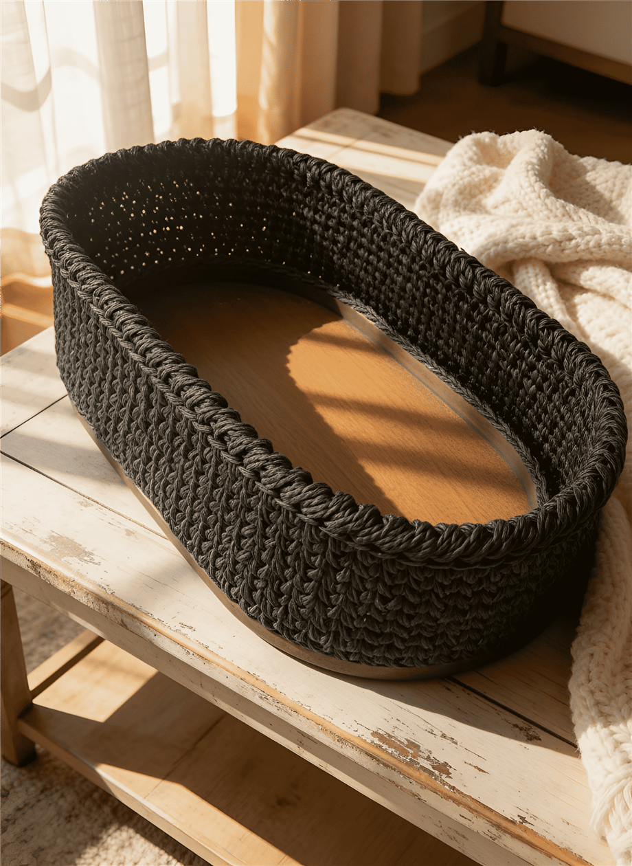 Oval Siyah El Örgüsü Sepet
