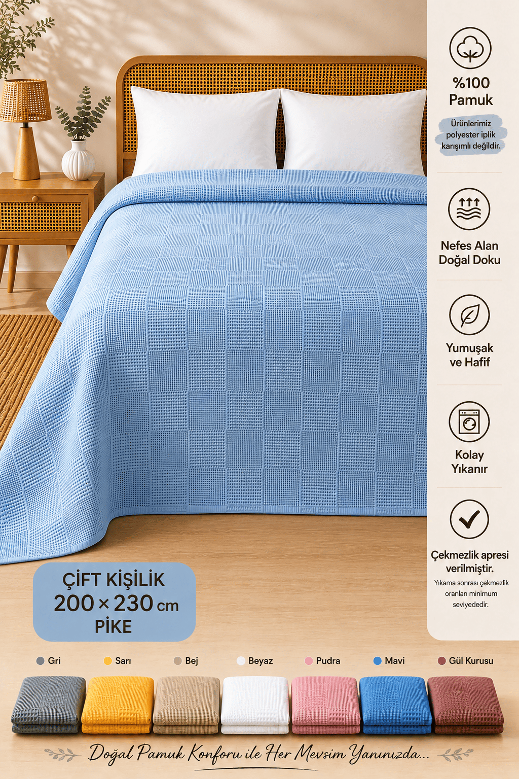  %100 Pamuk Kare Desenli Pike Çift Kişilik 200x230 cm – Nefes Alan Yumuşak Dokulu Dört Mevsim Pike - Mavi