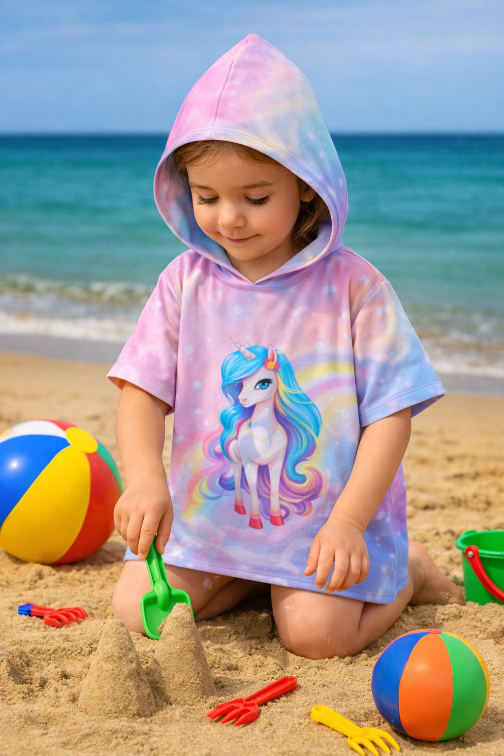  Unicorn Desenli Çocuk Panço Plaj Havlusu – Kapüşonlu, Hızlı Kuruyan, Yumuşak Dokulu Deniz & Havuz Havlusu