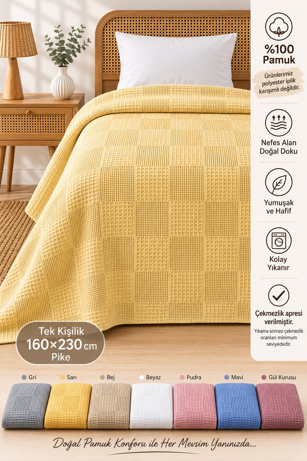 %100 Pamuk Kare Desenli Pike Çift Kişilik 200x230 cm – Nefes Alan Yumuşak Dokulu Dört Mevsim Pike - Sarı