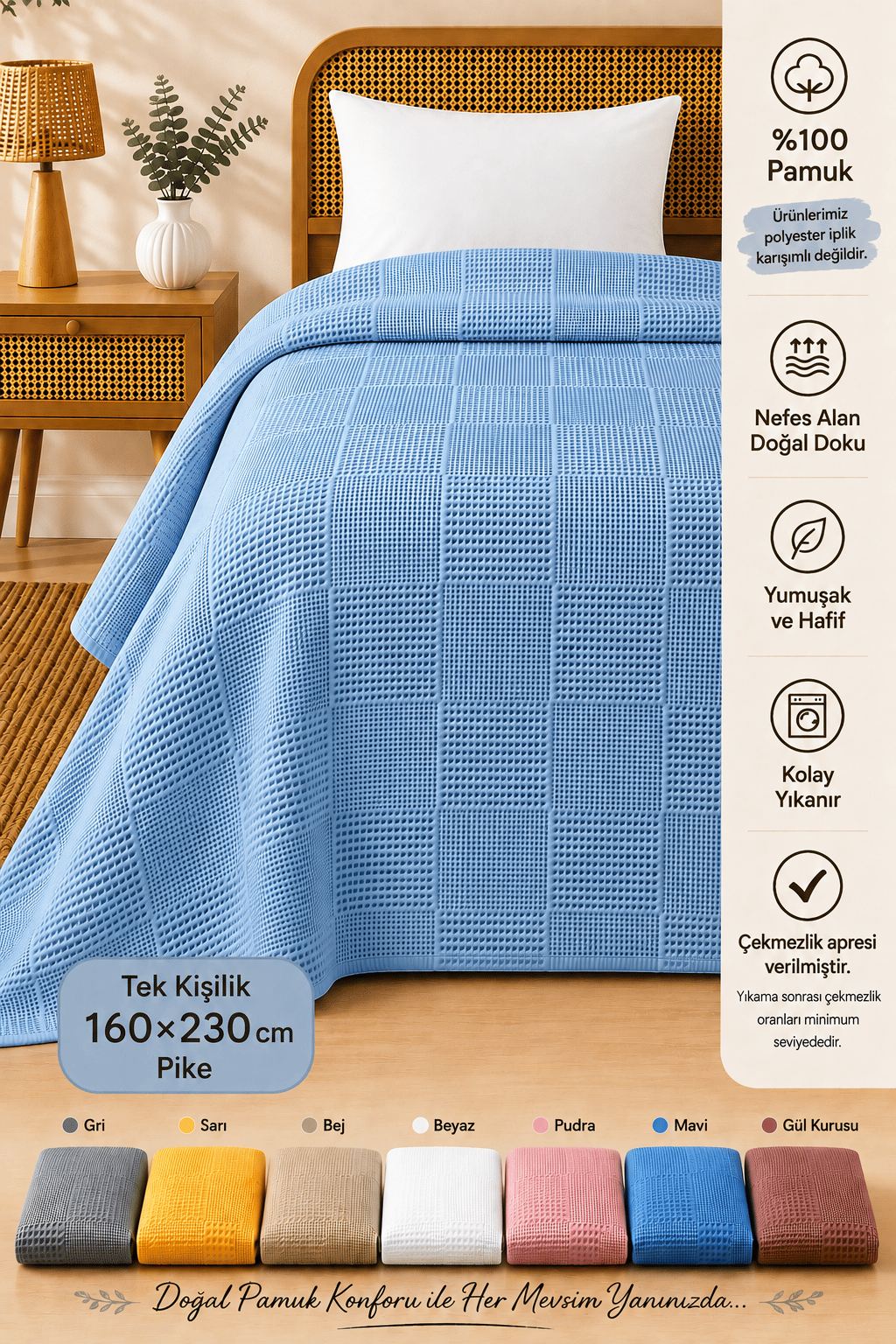 %100 Pamuk Kare Desenli Pike Tek Kişilik 160x230 cm – Nefes Alan Yumuşak Dokulu Dört Mevsim Pike - Mavi