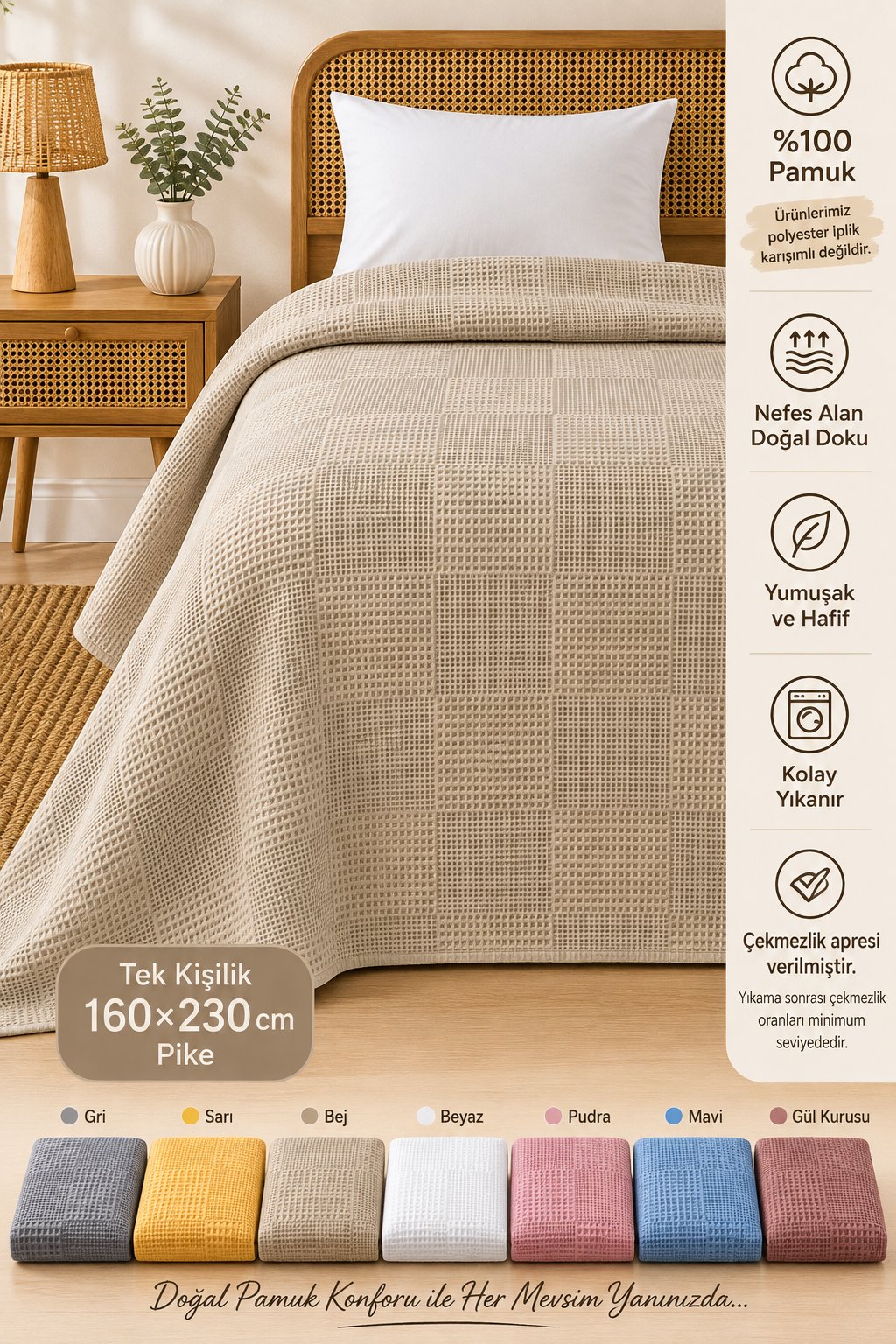 %100 Pamuk Kare Desenli Pike Tek Kişilik 160x230 cm – Nefes Alan Yumuşak Dokulu Dört Mevsim Pike - Bej
