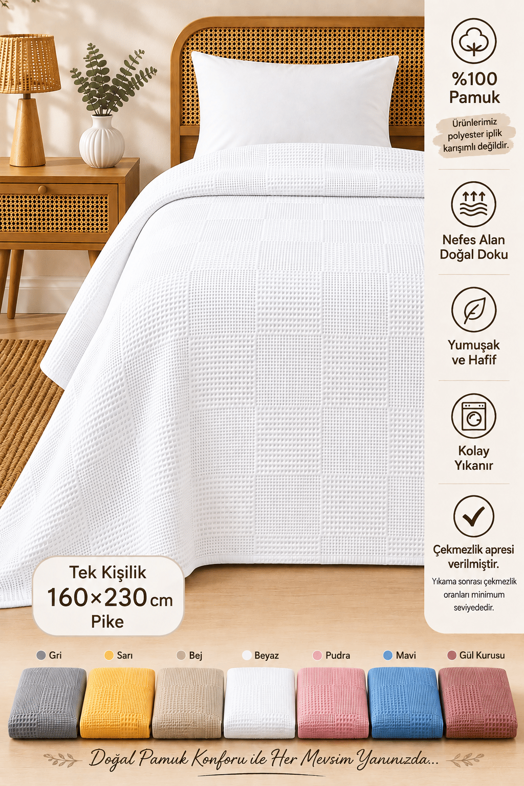 %100 Pamuk Kare Desenli Pike Tek Kişilik 160x230 cm – Nefes Alan Yumuşak Dokulu Dört Mevsim Pike - Beyaz