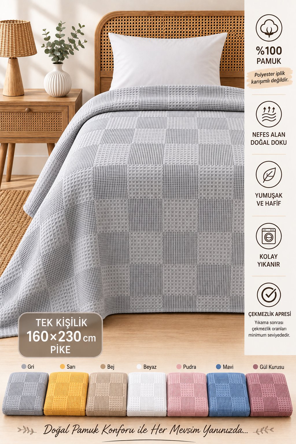 %100 Pamuk Kare Desenli Pike Tek Kişilik 160x230 cm – Nefes Alan Yumuşak Dokulu Dört Mevsim Pike - Gri