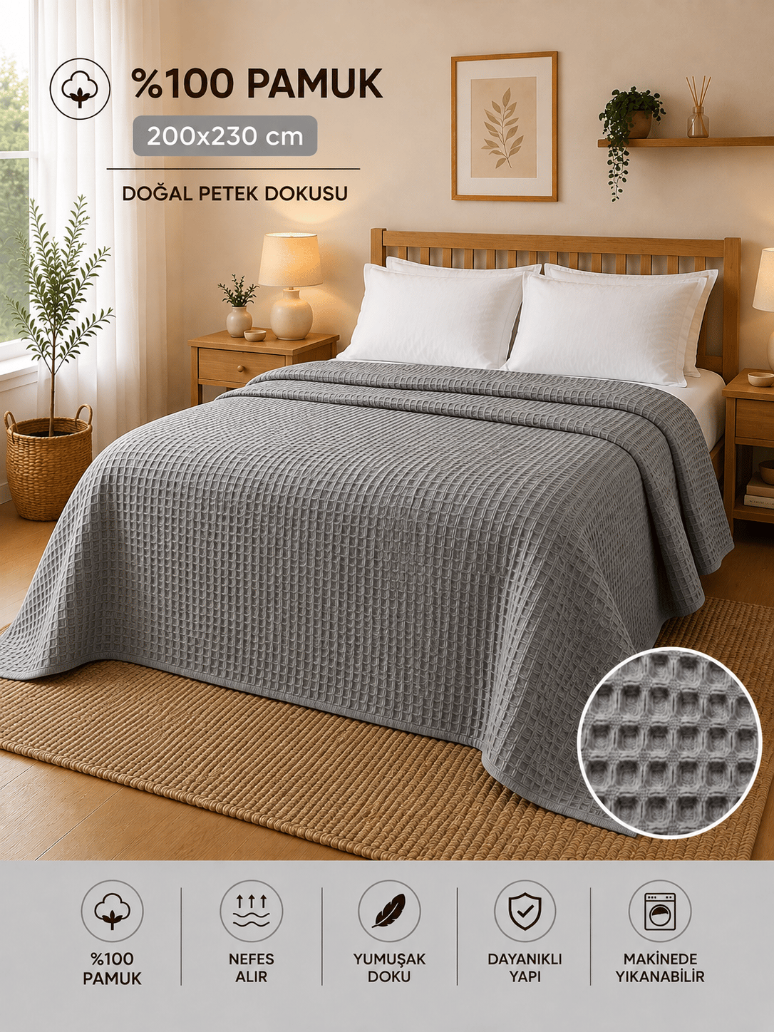 %100 Pamuk Petek Pike Çift Kişilik 200x230 cm – Nefes Alan Yumuşak Dokulu Dört Mevsim Pike - Gri