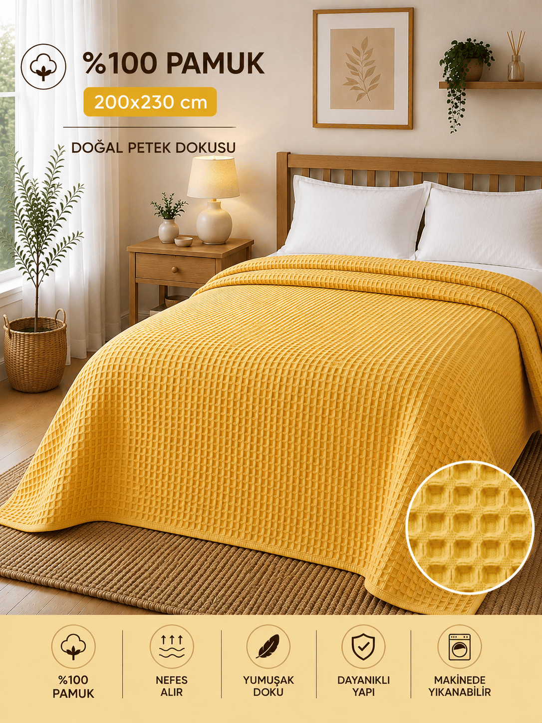 %100 Pamuk Petek Pike Çift Kişilik 200x230 cm – Nefes Alan Yumuşak Dokulu Dört Mevsim Pike - Sarı 
