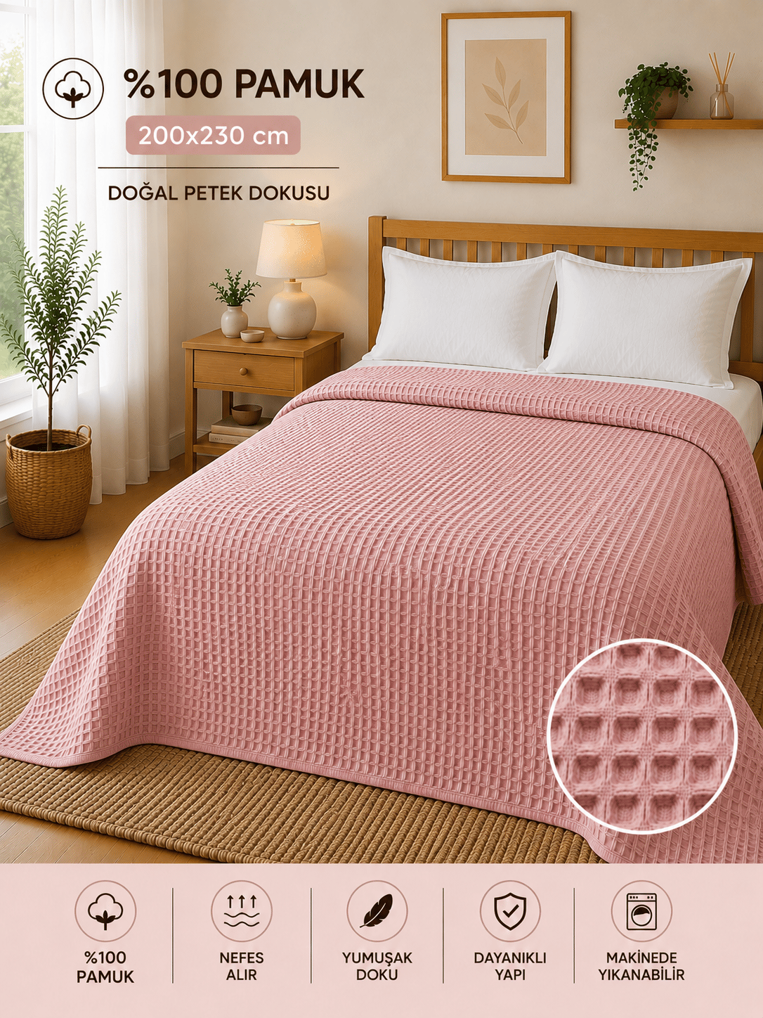 %100 Pamuk Petek Pike Çift Kişilik 200x230 cm – Nefes Alan Yumuşak Dokulu Dört Mevsim Pike - Pudra