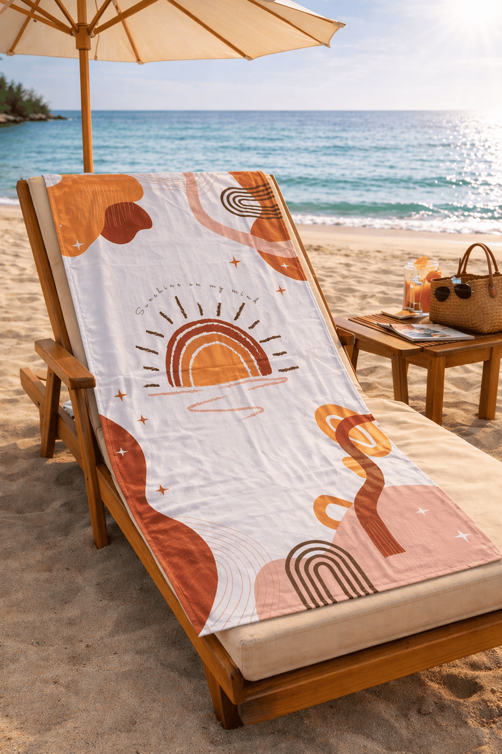 Bohem Güneş Desenli Premium Baskılı Plaj Havlusu – Kahve Turuncu Minimal Yazlık Deniz Havlusu 75x150 cm