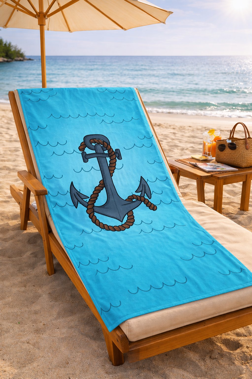 Çapa Desenli Premium Baskılı Plaj Havlusu – Mavi Yazlık Deniz Havlusu 75x150 cm