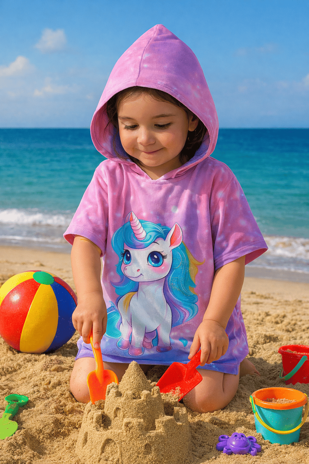 Çocuk Panço Plaj Havlusu – Unicorn Desenli Kapüşonlu, Hızlı Kuruyan, Yumuşak Dokulu Deniz & Havuz Havlusu