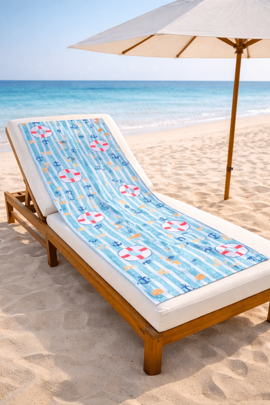 Deniz Temalı Çapa & Can Simidi Desenli Premium Baskılı Plaj Havlusu 