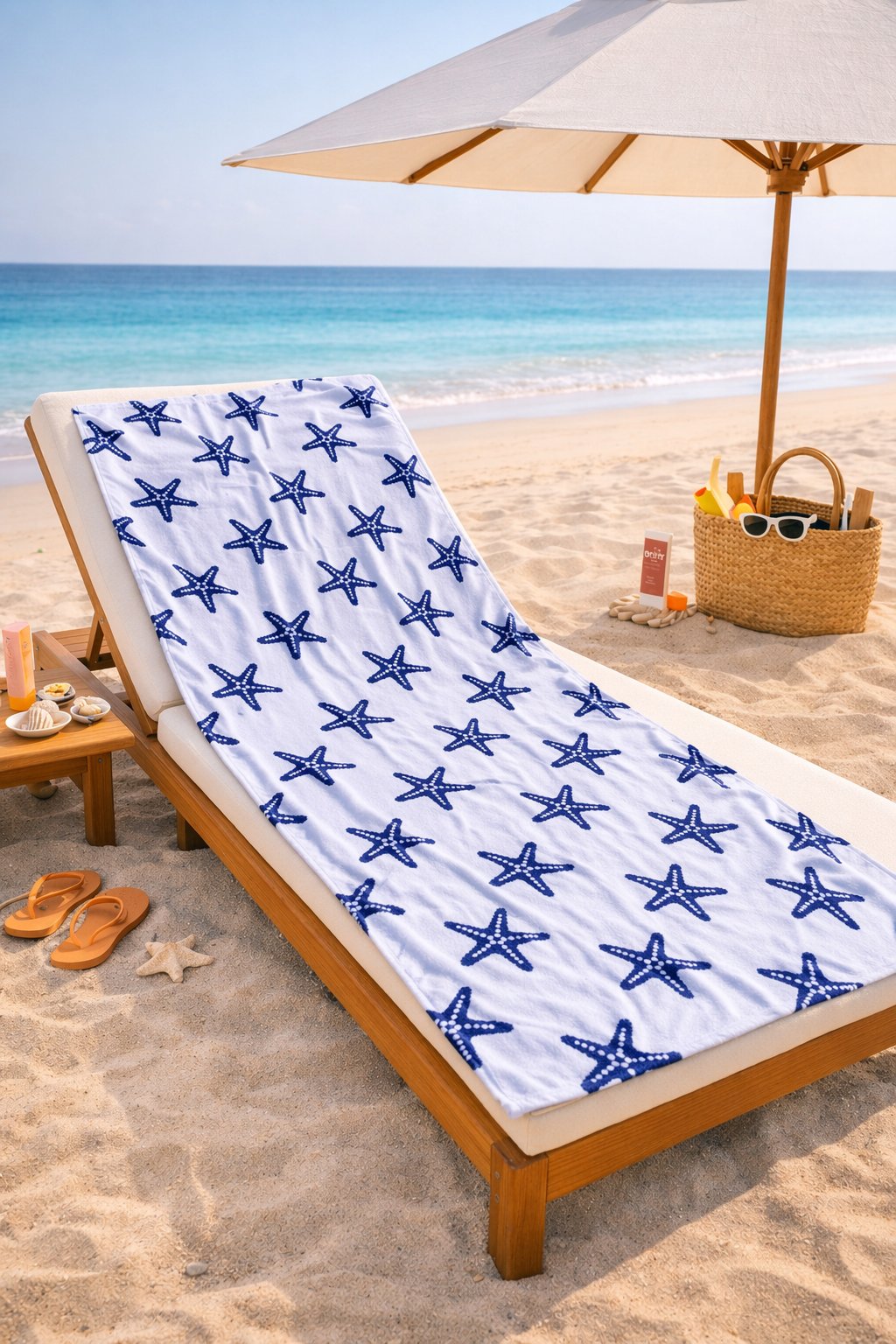 Deniz Yıldızı Desenli Premium Baskılı Plaj Havlusu Beyaz Lacivert Yazlık Deniz Havlusu 75x150 cm