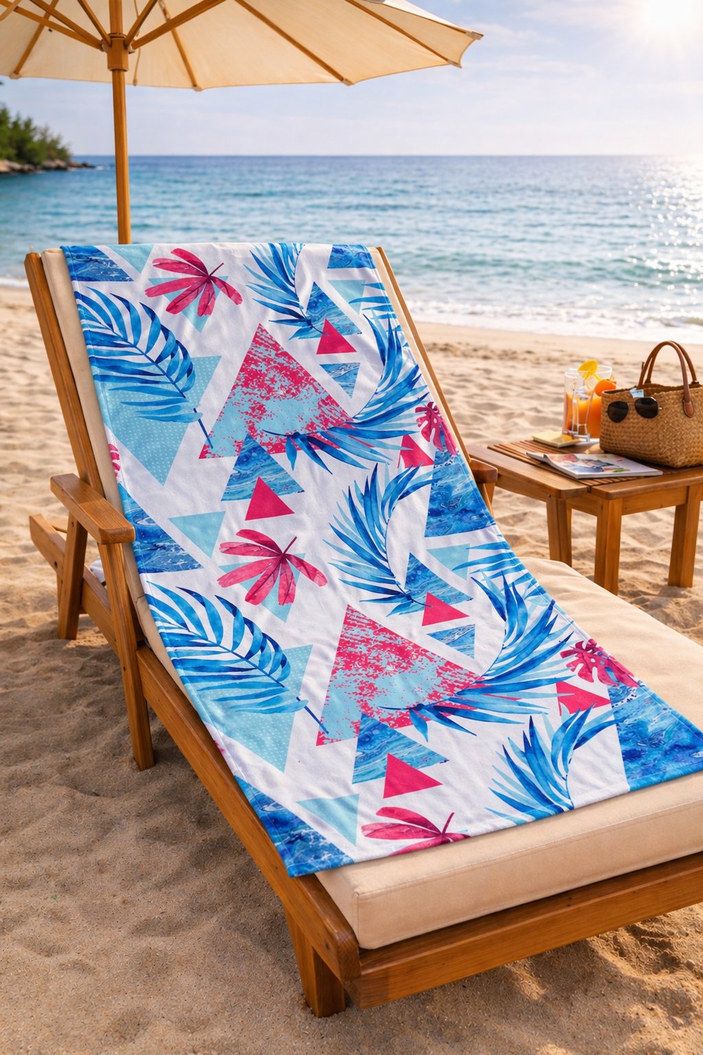 Geometrik Tropikal Yaprak Desenli Premium Baskılı Plaj Havlusu Mavi Pembe Yazlık Deniz Havlusu 75x150 cm