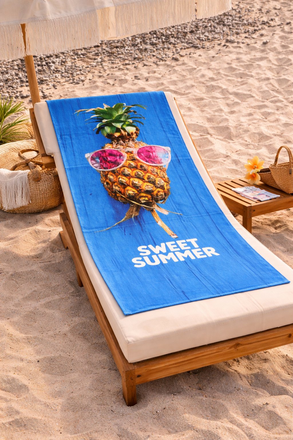 Gözlüklü Ananas Desenli Premium Baskılı Plaj Havlusu – Sweet Summer Yazlık Deniz Havlusu 75x150 cm