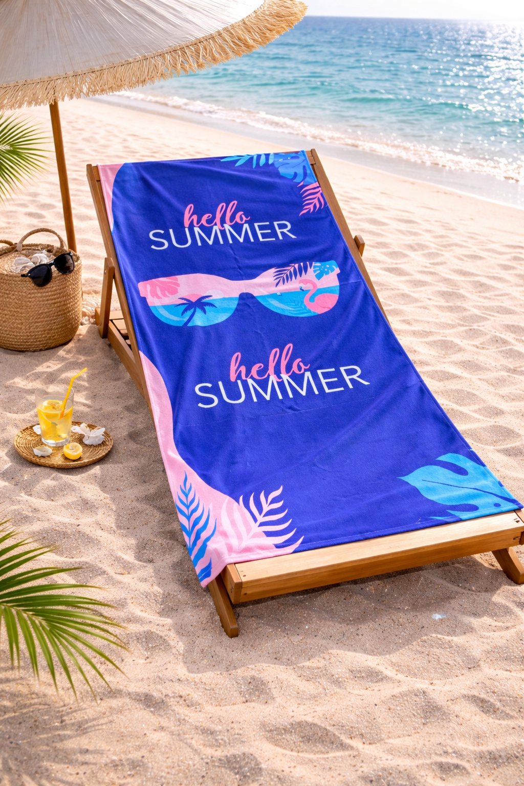 Güneş Gözlüklü Flamingo Desenli Premium Baskılı Plaj Havlusu – Hızlı Kuruyan Yazlık Deniz Havlusu 75x150 cm
