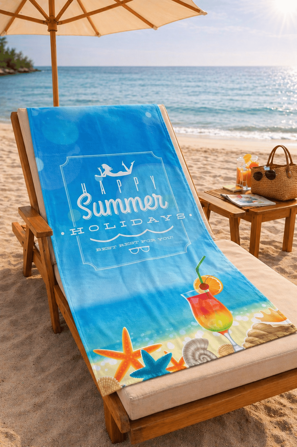 Happy Summer Holiday Yazılı Premium Plaj Havlusu – Deniz Kabuklu Yazlık Deniz Havlusu 75x150 cm Hızlı Kuruyan